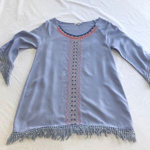 JODIFL  boho tunic top, light blue with embroidery on neckline.  Size Small.